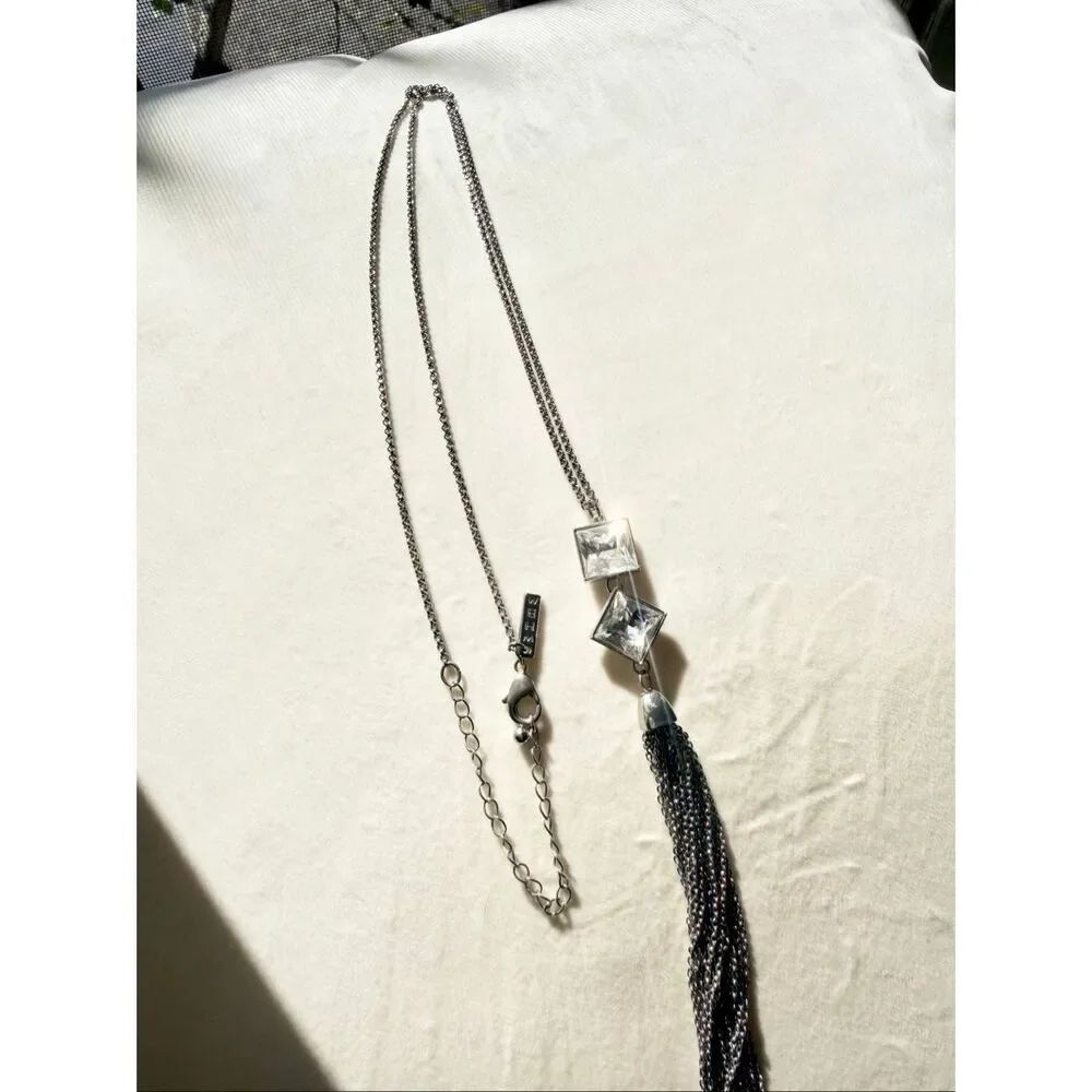 White House Black Market Swarovski Crystal Tassel Pendant Necklace Silver